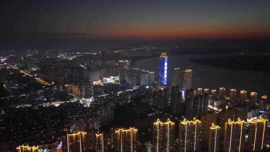 鸟瞰安徽芜湖城市夜景全景航拍