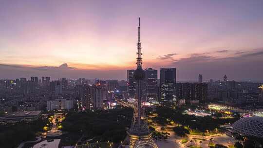 佛山电视塔日落晚霞夜景航拍延时