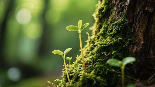 树干旁嫩绿幼苗生长画面