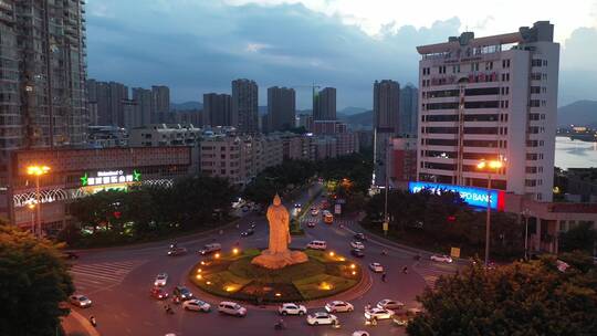 福建南安溪美夜景郑成功车流转盘交通航拍