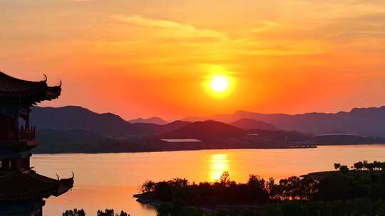 大自然水库湖泊 日出夕阳航拍