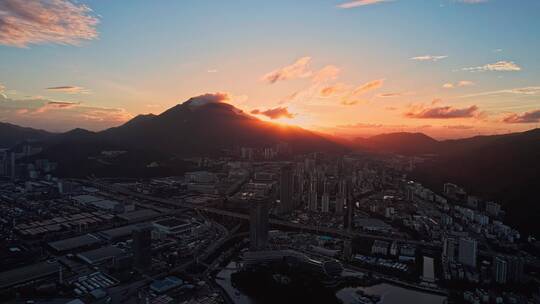 航拍深圳盐田梧桐山日落夕阳