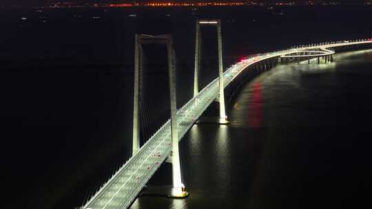 深圳中山翠亨新区深中大桥车流夜景日落航拍