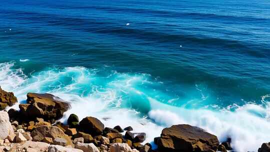 海浪拍打岸边礁石的场景