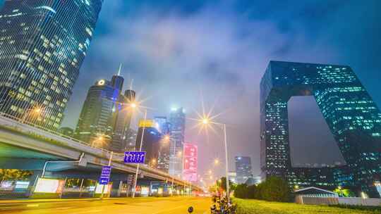 夜晚北京国贸CBD城市建设与夜景车流