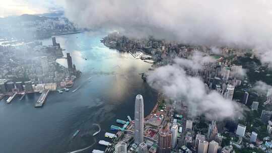 香港维多利亚港CBD中环日出高空航拍