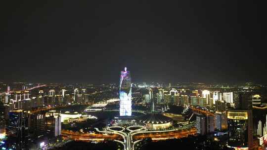 航拍河南郑州会展中心千玺广场夜景视频素材模板下载