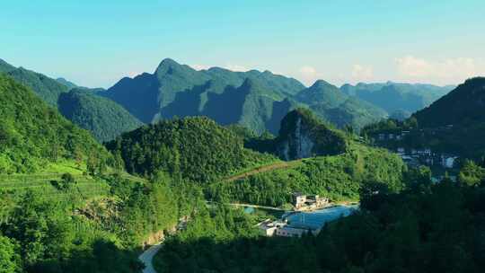 航拍山脉山林乡村风景