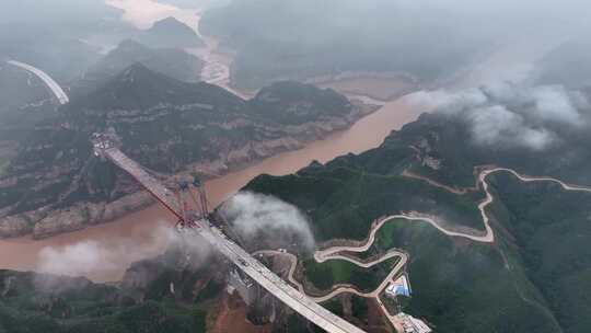 河流山川云雾桥梁建设风景航拍
