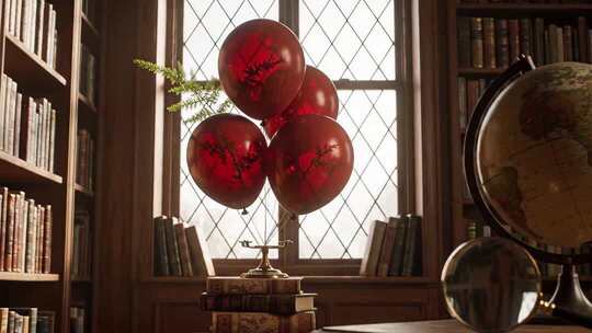 书房内红气球置于书籍之上