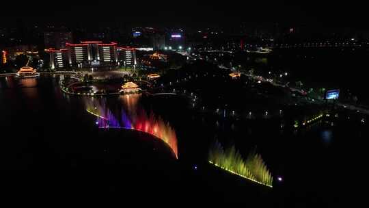 4K航拍鄂州地标城市夜景凤凰广场喷泉夜景