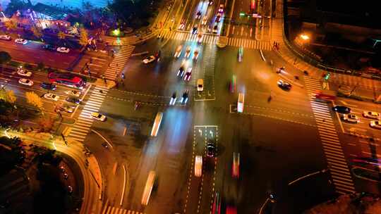 杭州钱塘新区十字路口夜景车流延时摄影