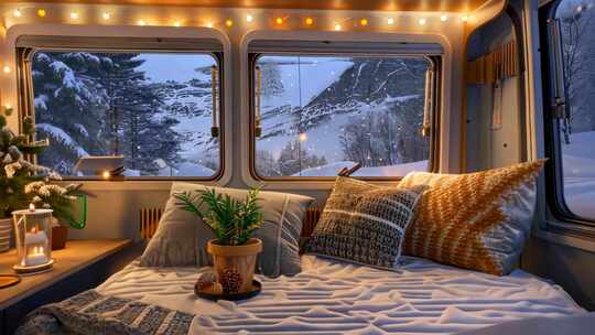 冬天温暖的房车故事片头 雪天温馨移动小家