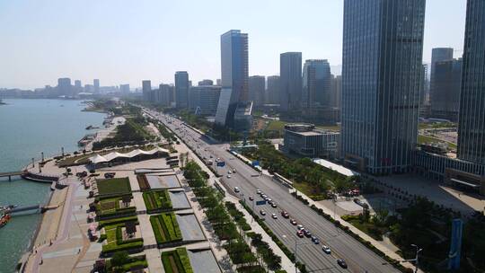 4K 航拍青岛西海岸新区现代建筑街景