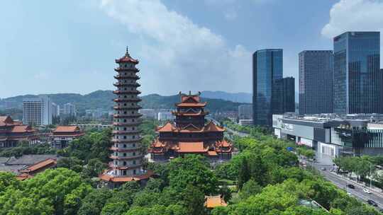 福州西禅古寺航拍城市寺庙古建筑景观风景