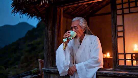 古装老人于木屋窗边饮茶