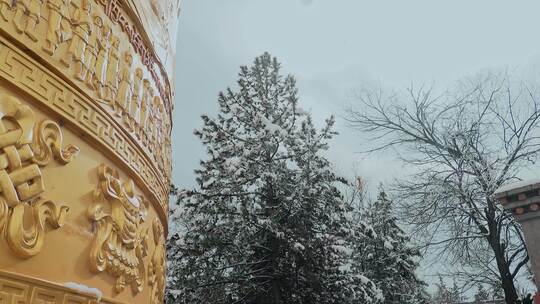 云南景点香格里拉冬季雪景游客金色转经筒