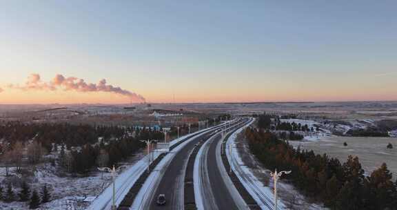 呼伦贝尔G332国道冬季雪景航拍