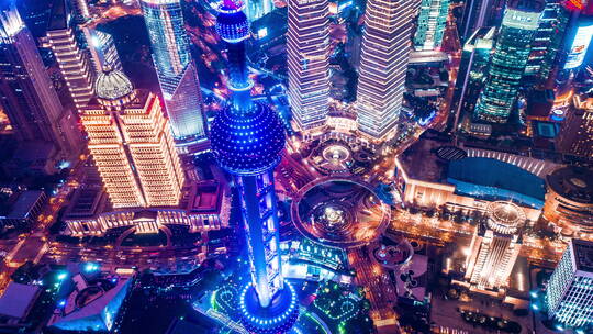 上海航拍夜晚东方明珠亮灯