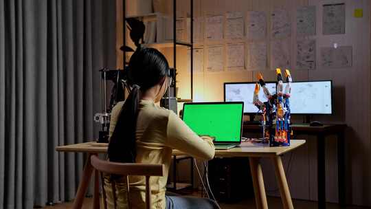女孩在绿屏电脑前伸懒腰视频素材模板下载