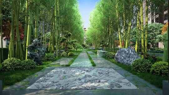 清新新中式园林中轴景观道路竹林竹叶飘落
