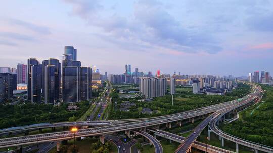 杭州滨江高架和现代都市风光傍晚航拍