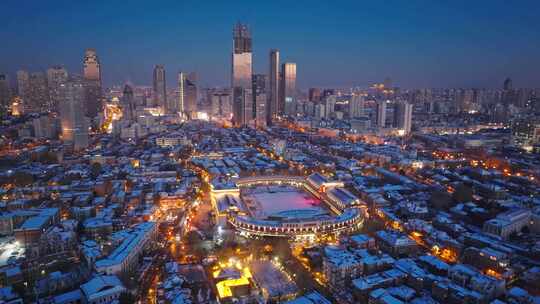 航拍天津五大道民园广场雪后夜景视频素材模板下载