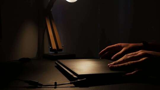 打工人夜晚熬夜加班，笔记本工作打字.