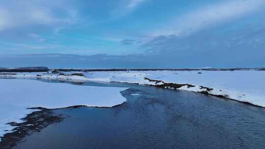 航拍海拉尔河不冻河初春雪景