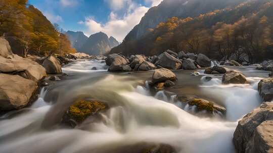 山间河流与秋色岩石景观