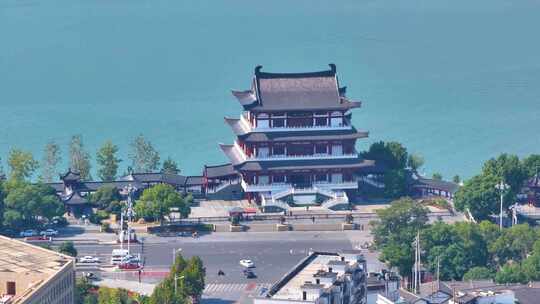 湖南长沙湘江杜甫江阁茶馆航拍城市地标风景