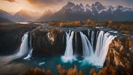 壮丽瀑布与雪山自然风光