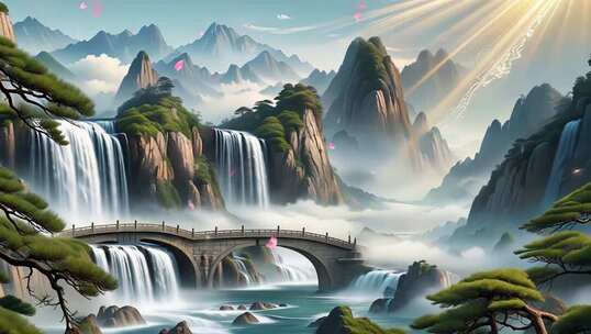 中式山水风景含桥与瀑布