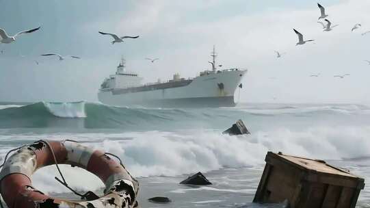 海面上行驶的货船与飞翔海鸥