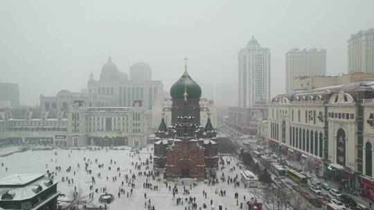 哈尔滨圣索菲亚教堂下雪航拍
