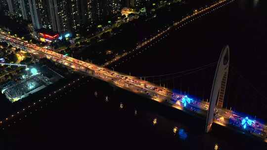 广州4k晚上猎德大桥车流量交通运输工具
