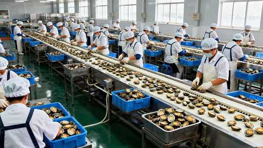 工厂工人进行海鲜分拣作业