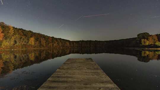 湖边木板台仰望星空夜景