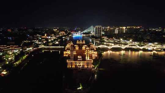 福建福州闽江中洲岛夜景航拍