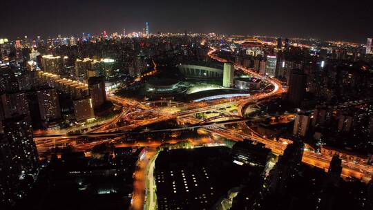 上海浦西漕溪北路夜景航拍空镜