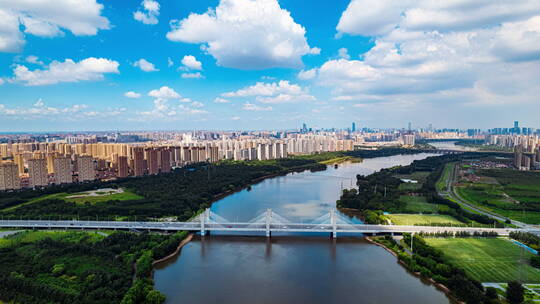 辽宁沈阳南阳湖大桥浑河城市风景航拍延时