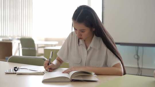 一个在笔记本上写字的女人