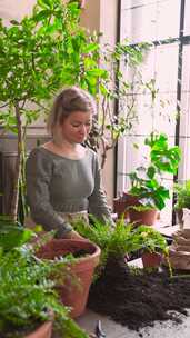 一个女人在花盆里种植植物