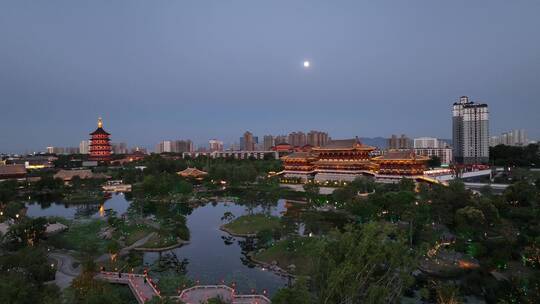 航拍九洲池夜景灯光秀古风