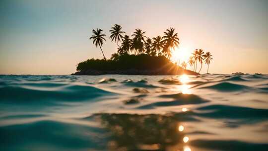 夏日海岛风景海浪沙滩夕阳唯美珊瑚椰树日落