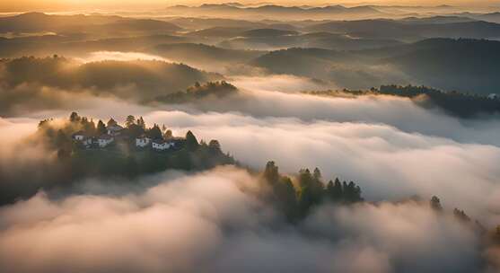 美丽乡村云海日出农村美景村庄云雾缭绕风景