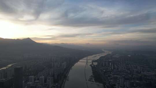 福建福州城市清晨闽江日出航拍