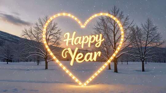 雪地中的心形新年祝福灯光
