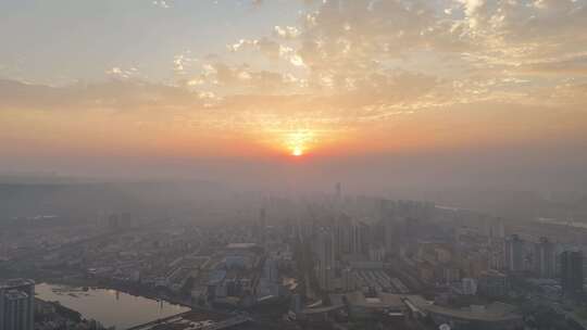陕西宝鸡城市日出彩霞航拍