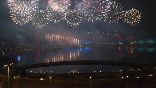 航拍西安浐灞奥体中心新年灯火烟花秀